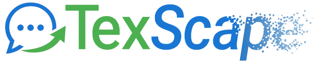 TexScape logo. A blue chat bubble icon with a green green upward arrow is followed by the wordmark 'TexScape' in two colors — 'Tex' in green and 'Scape' in blue — with the final letters of 'Scape' dissolving into scattered pixel fragments, suggesting disappearance or escape.