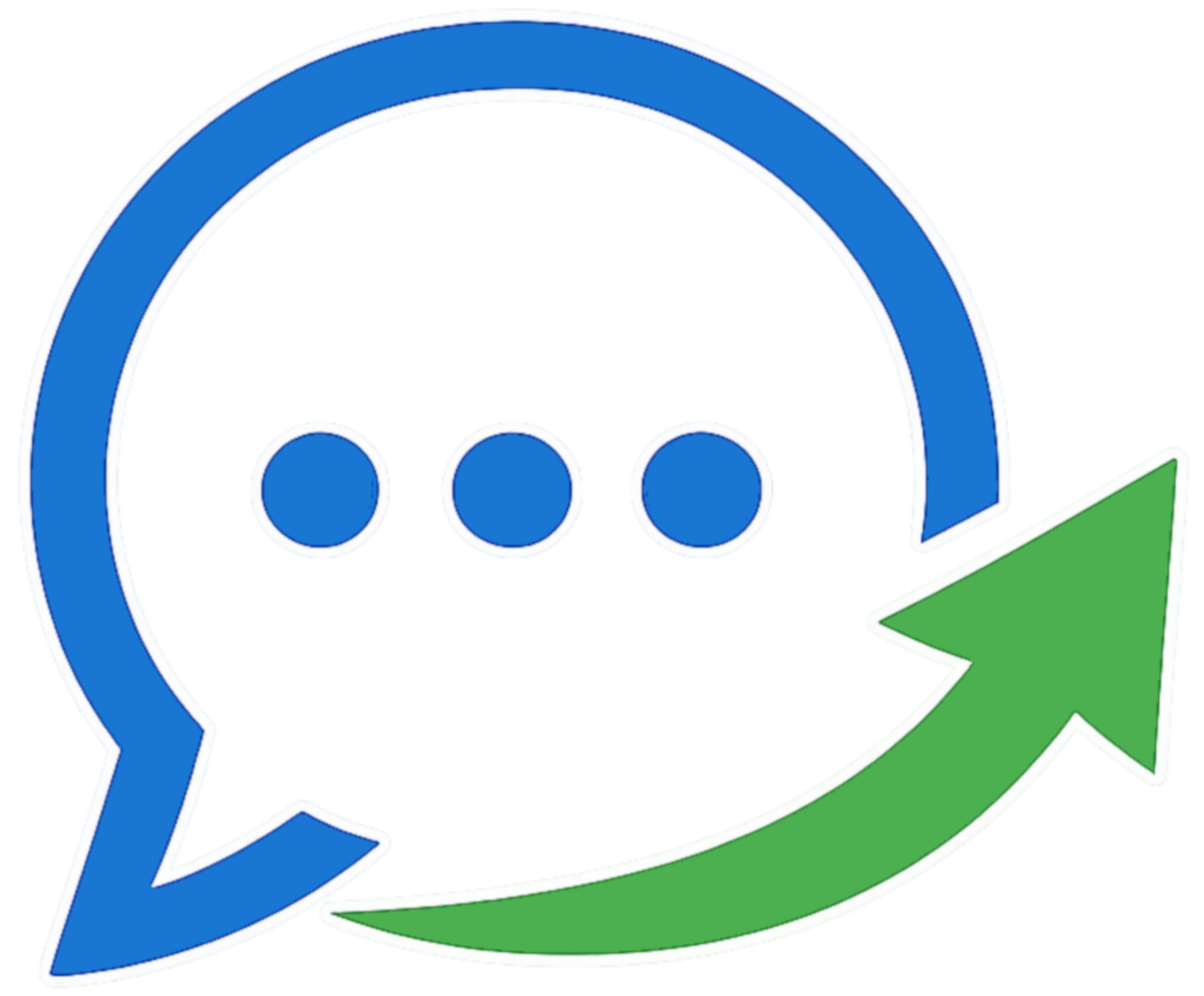 TexScape app icon. A blue chat bubble with three blue dots sits at the center. A thick green curved arrow wraps around the bottom and right of the bubble, sweeping up and to the right from the bottom, suggesting outbound motion or exit.