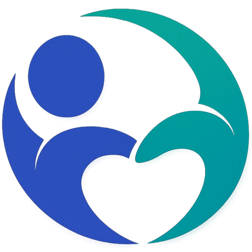 CoachWareAI app icon. A stylized human figure in blue with outstretched arms curves around a dark heart shape at the center. A teal crescent form mirrors it on the right side, together creating a circular, embracing composition that suggests care, connection, and support.